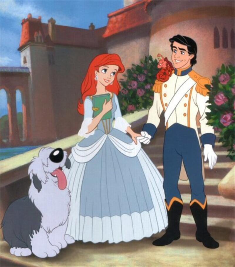 A cartoon image shows Ariel and Prince Eric holding hands, with a dog sitting to the left and Sebastian sitting on Eric's shoulder, in front of a building with arches and pink flowers.