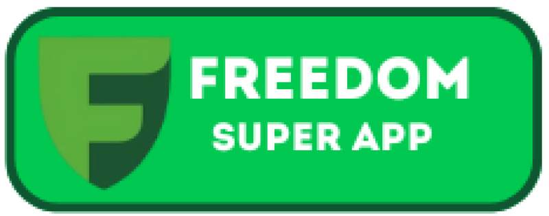 The image is a green rounded-corner rectangle with a green shield-shaped 'F' logo on the left, and the white text 'FREEDOM SUPER APP' on the right.