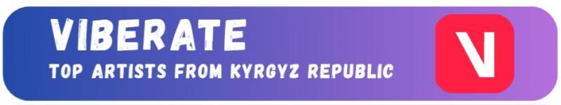 На изображении баннер с текстом "Viberate" и "Top Artists from Kyrgyz Republic" белым цветом на фиолетовом фоне, с красным квадратом, содержащим букву "V" с правой стороны.