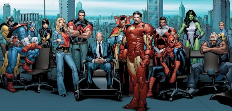 A large group of Marvel superheroes stands in front of a window with a city skyline in the background. Prominent characters include Captain America, Iron Man, Spider-Man, She-Hulk, and Doctor Strange.