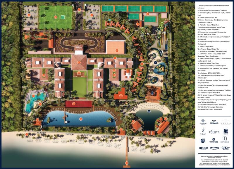 Overhead view of a resort map, including a main entrance, parking, tennis courts, bars, conference rooms, restaurants, swimming pools, water sports, football field, water park, and beach.