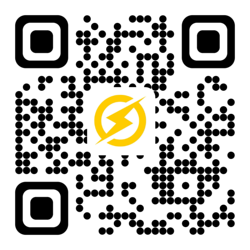 A black and white QR code with a yellow lightning bolt inside a circle at its center.