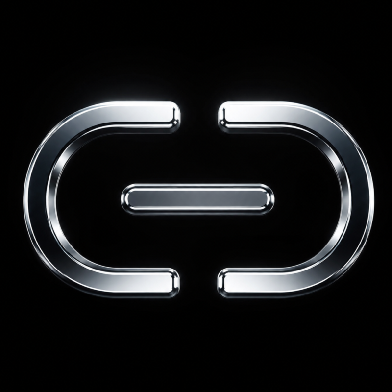 A shiny, metallic symbol resembling a stylized link or connection icon is set against a black background.