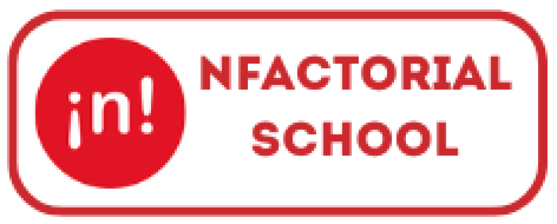The image features the logo for NFactorial School, with "in!" inside a red circle on the left and the words "NFACTORIAL SCHOOL" in red to the right, all enclosed in a red rounded rectangle.