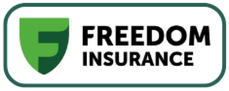 The logo for Freedom Insurance features a green shield-shaped 'F' followed by the words 'FREEDOM INSURANCE' in bold, black text, all enclosed in a rounded rectangle with a green border.