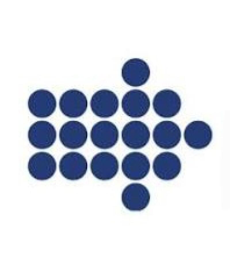 A right-pointing arrow formed by multiple blue dots on a white background.