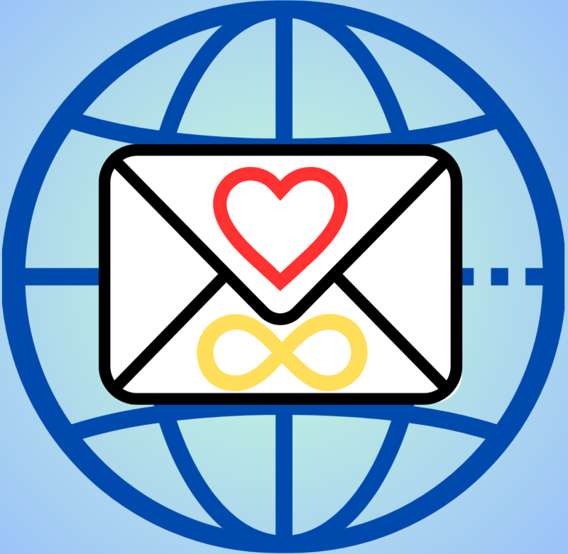 An image shows a white envelope with a black border, a red heart, and a yellow infinity symbol, set against a blue globe on a light blue background.