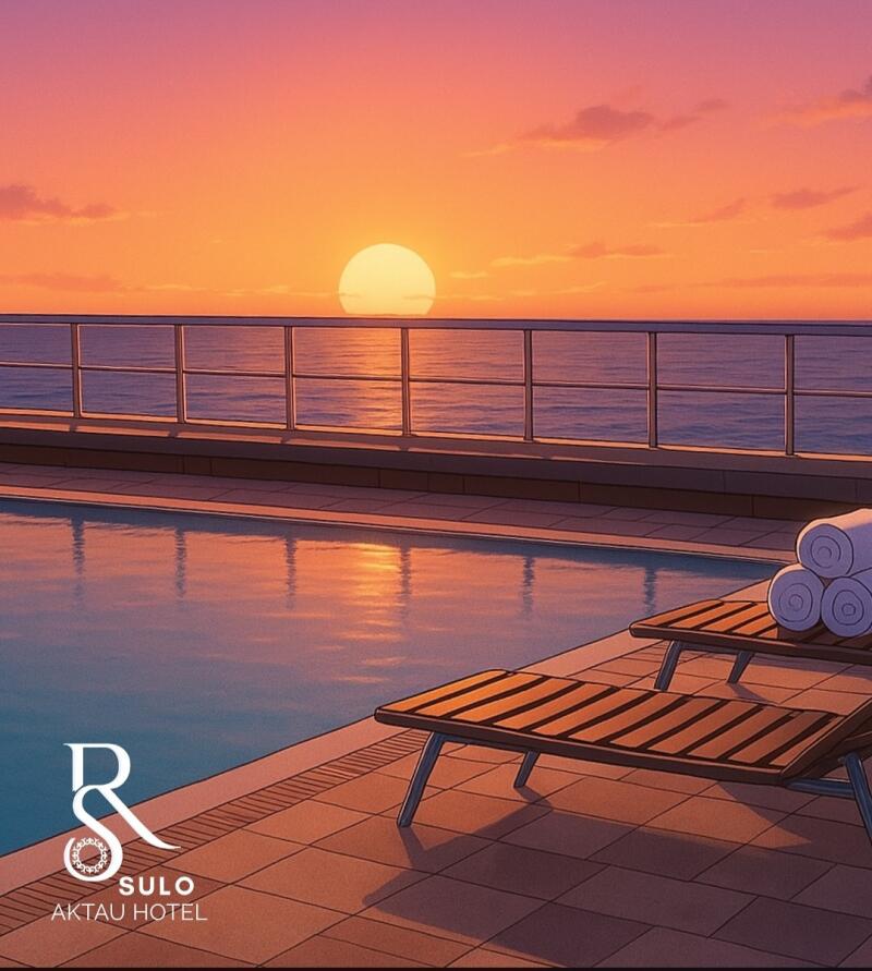 A serene scene of a sunset over the ocean, viewed from a poolside at the Sulo Aktau Hotel, with lounge chairs and rolled towels in the foreground.