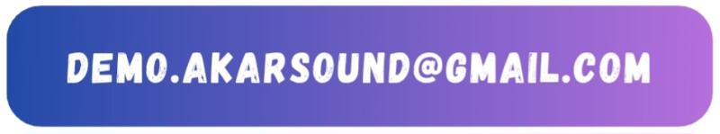 Округлая кнопка с градиентом от синего к фиолетовому отображает текст "DEMO.AKARSOUND@GMAIL.COM" белым цветом.