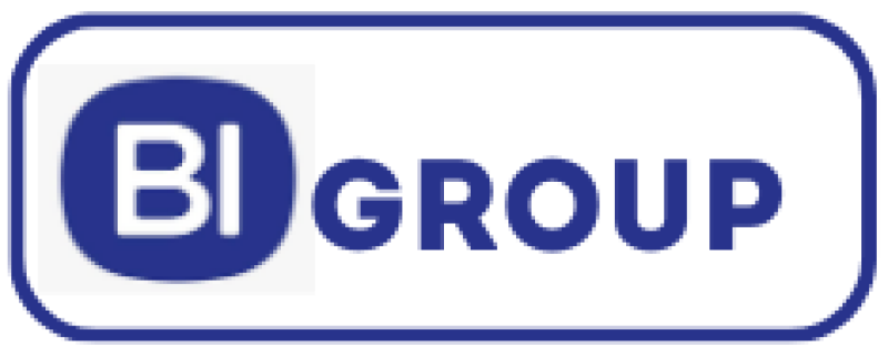 The logo says “BI GROUP” in navy blue inside a white rounded rectangle.