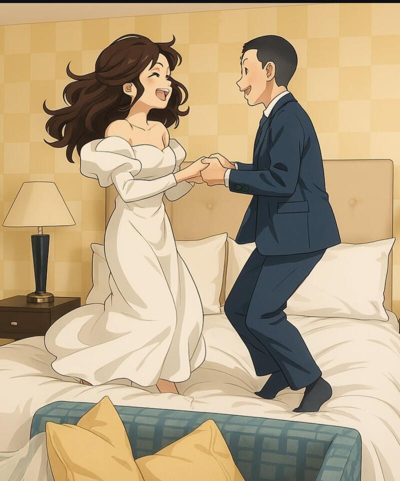 A cartoon-style image shows a bride in a white dress and a groom in a blue suit jumping on a bed, holding hands and smiling at each other.