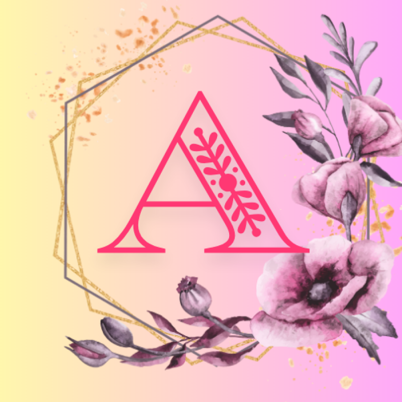 The image features a stylized letter A in pink, decorated with floral motifs, set within a geometric frame and surrounded by watercolor-style flowers and leaves against a gradient background.