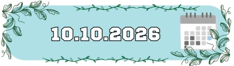 A light blue banner with green leafy borders features the date "10.10.2026" in white outlined text, accompanied by a grey calendar icon on the right.