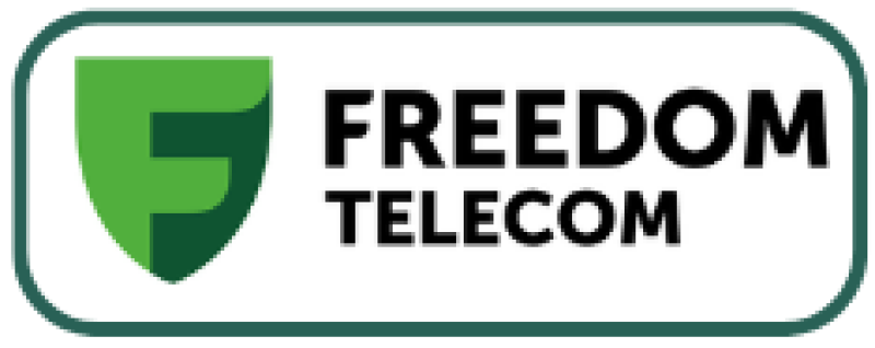 The image displays the Freedom Telecom logo, featuring a green shield-shaped 'F' on the left and the words 'FREEDOM TELECOM' in black on the right, all within a rounded rectangular border.
