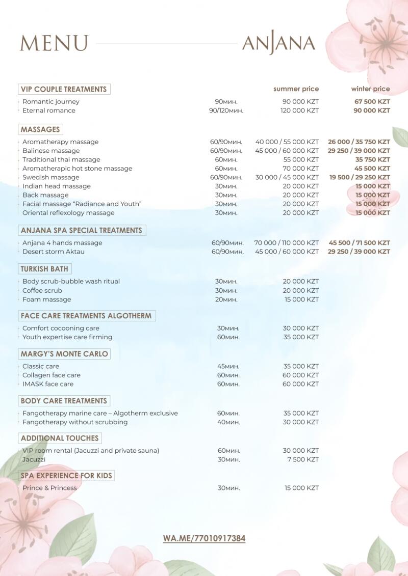 A menu featuring spa treatments at Anjana, including VIP couple treatments, massages, special treatments, Turkish bath, face and body care, and additional touches, with prices listed for summer and winter.