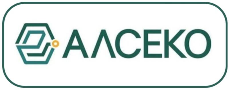 The image features the ALSEKO logo with a geometric icon to the left of the text. The text and icon are teal, and a yellow dot connects the icon to the text. The logo is surrounded by a rounded teal border.