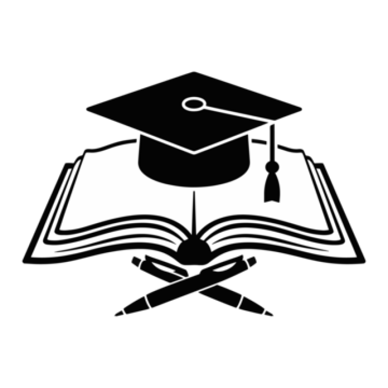 The image shows a white graduation cap on top of an open book with two pens crossed underneath, all against a black background.