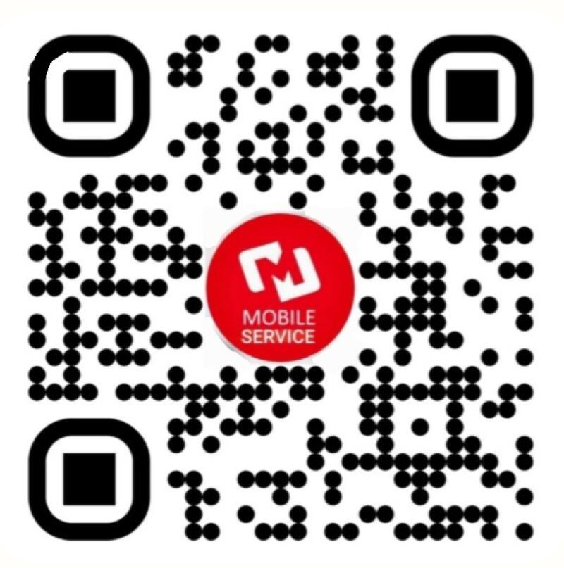 На изображении представлен QR-код с красным кругом в центре, содержащим белый логотип и слова "MOBILE SERVICE" под ним.