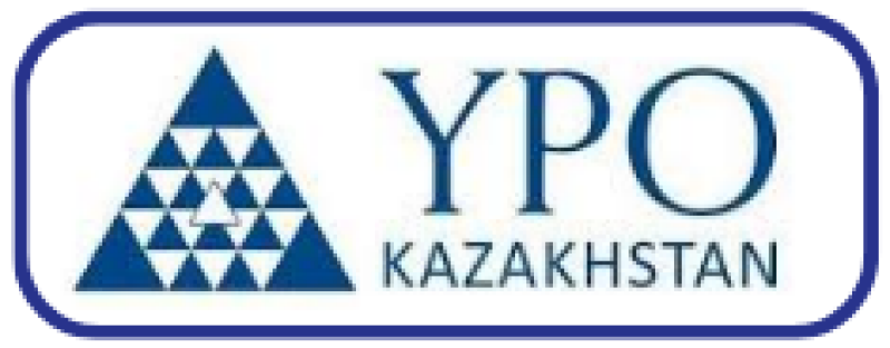 The logo features a blue triangular fractal to the left of the text "YPO KAZAKHSTAN" in blue, all enclosed in a frame with rounded corners.