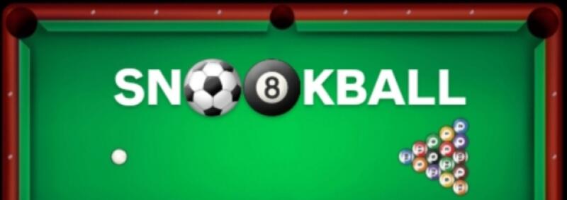 The image shows a pool table with the word "SNOOKBALL" written on it, with a soccer ball replacing the "O" and an 8-ball replacing the second "O".