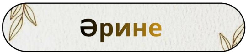 Изображение представляет собой закругленный прямоугольник со словом «Әрине», написанным буквами с градиентом от коричневого к золотому, и небольшими графическими изображениями листьев в углах.