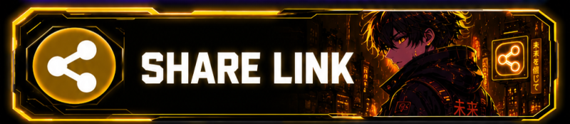 A dark banner with glowing orange outlines features a white share icon and the text "SHARE LINK" on the left, and an anime character with glowing yellow eyes against a cyberpunk city background with Japanese text on the right.