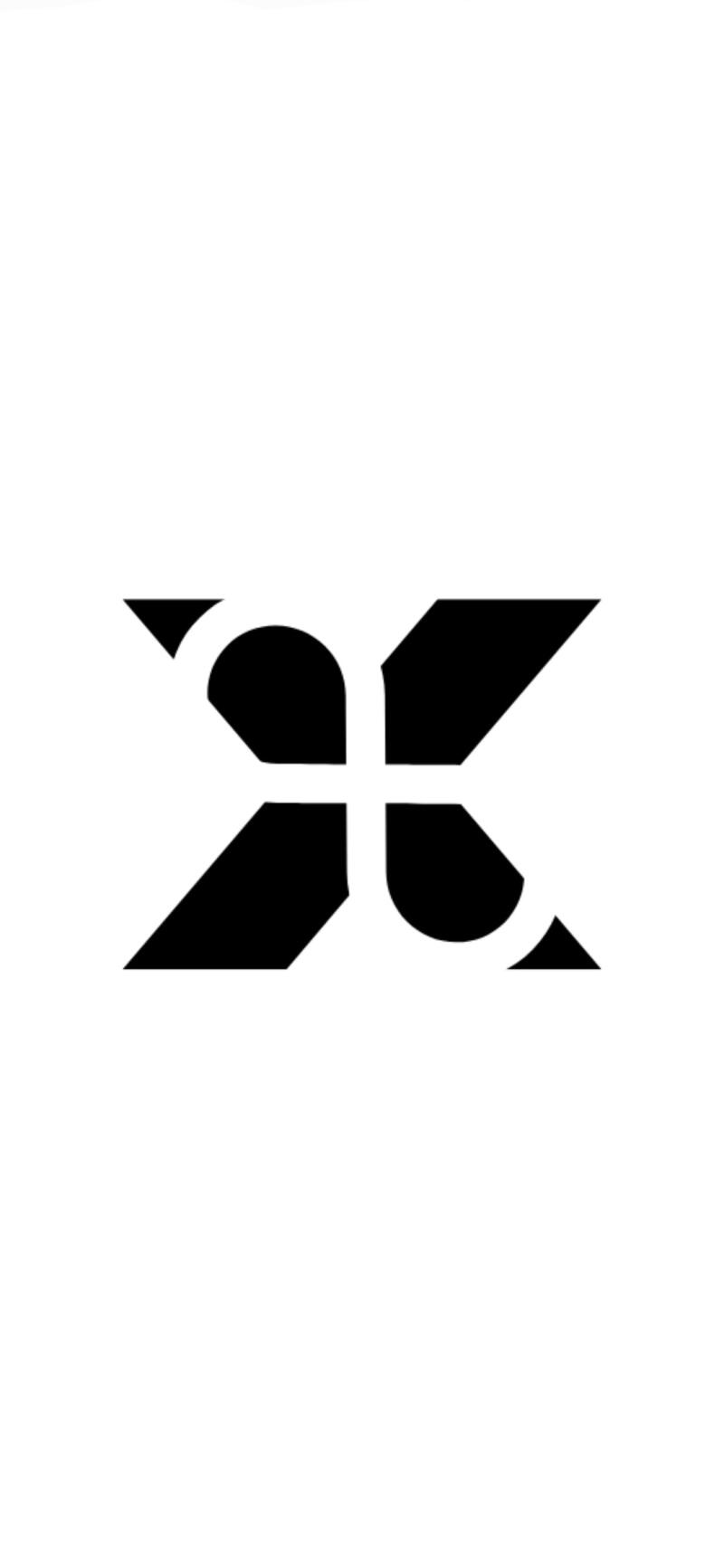 The image features a black and white abstract logo, which appears to be a stylized letter 'X' or two mirrored and connected shapes. The design is geometric with sharp angles and curved elements.