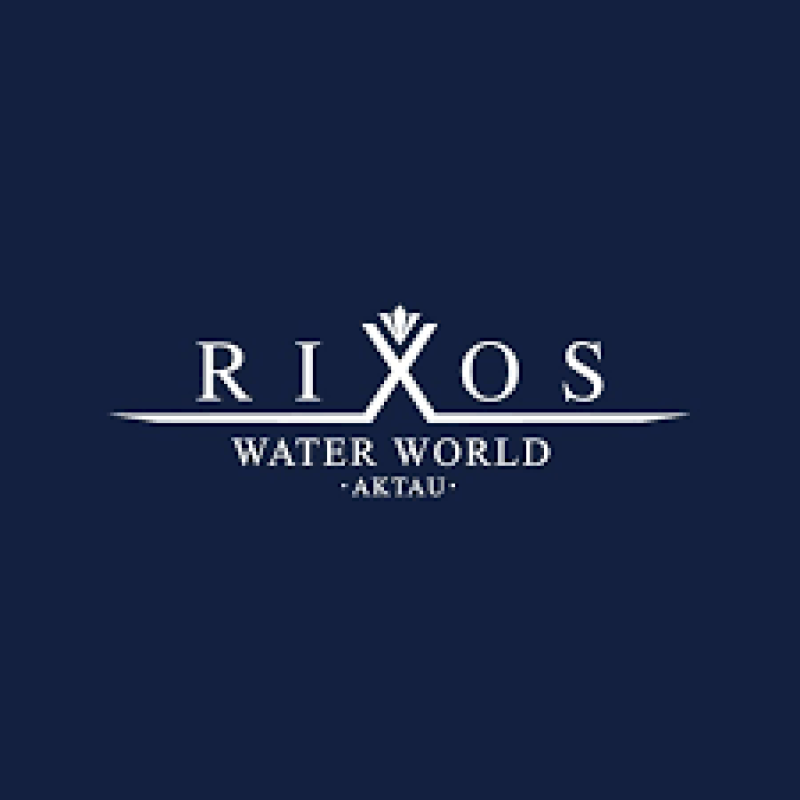 The logo for Rixos Water World Aktau is displayed in white against a navy blue background.