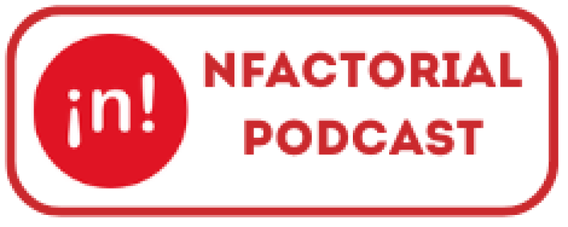 The image is a logo for NFactorial Podcast, featuring a red rounded rectangle containing the text "in!" inside a red circle on the left, and the words "NFACTORIAL" and "PODCAST" in red on the right.