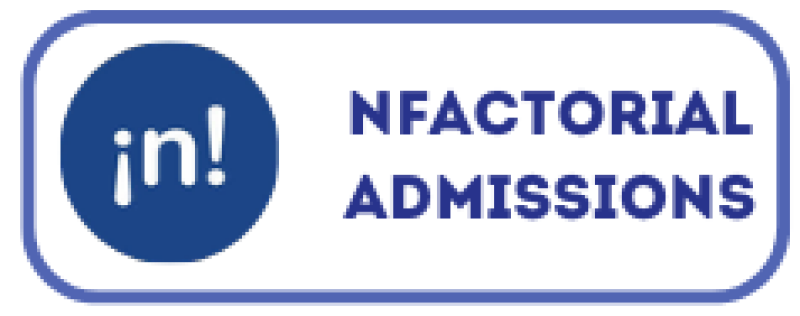The image displays the NFactorial Admissions logo in blue and white, set against a rounded rectangle.
