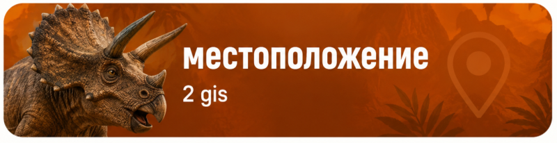 An orange-brown banner featuring a triceratops head on the left, the text "МЕСТОПОЛОЖЕНИЕ" and "2 gis" in white, and a location pin icon on the right, all against a background with subtle leaf patterns.