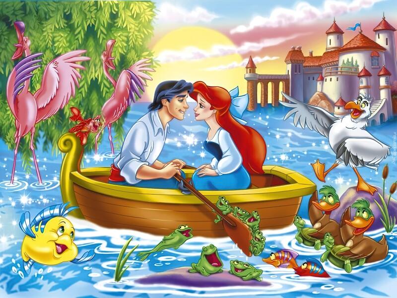 The cartoon illustration shows Ariel and Prince Eric in a boat surrounded by various sea creatures, with a castle in the background.