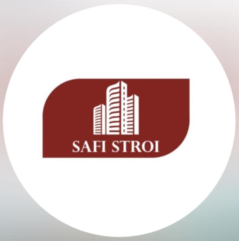 A logo featuring three building silhouettes in white on a dark red rounded rectangle, with the text "SAFI STROI" below the buildings, all set within a white circle.