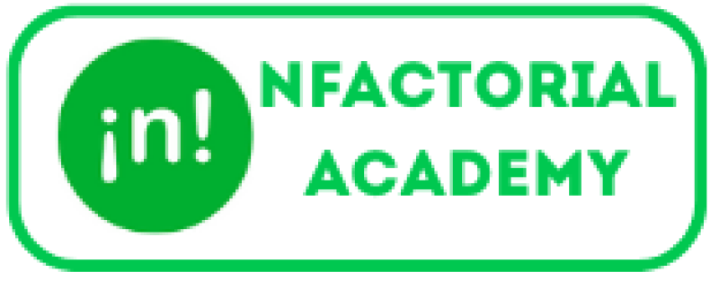 The image features the logo for NFactorial Academy, with 'in!' in white inside a green circle on the left and the words 'NFACTORIAL ACADEMY' in green on the right, all within a green rounded rectangle.