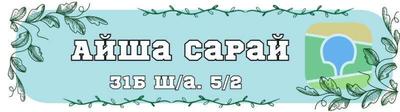 A light blue banner with green leafy borders displays the text 'АЙША САРАЙ' and '31Б Ш/А. 5/2', accompanied by a map icon with a blue location pin on the right.