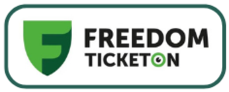The image displays the "Freedom Ticketon" logo, featuring a stylized green "F" inside a shield shape and the text "FREEDOM TICKETON" in black, with the second "O" in "TICKETON" replaced by a green circle containing a stylized black eye.