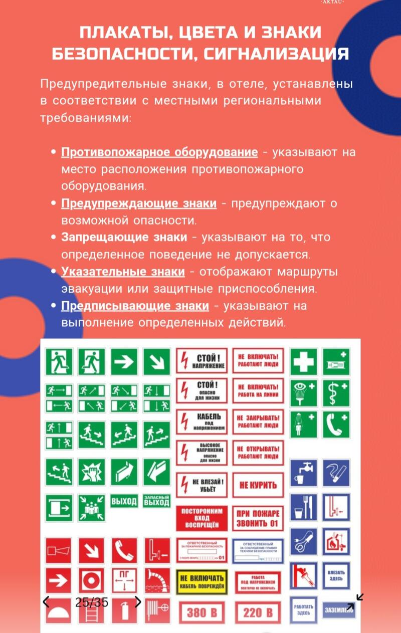 The image is a poster showing various safety signs and symbols, including fire safety equipment, warning signs, prohibition signs, direction signs, and prescriptive signs, along with corresponding text in Russian.