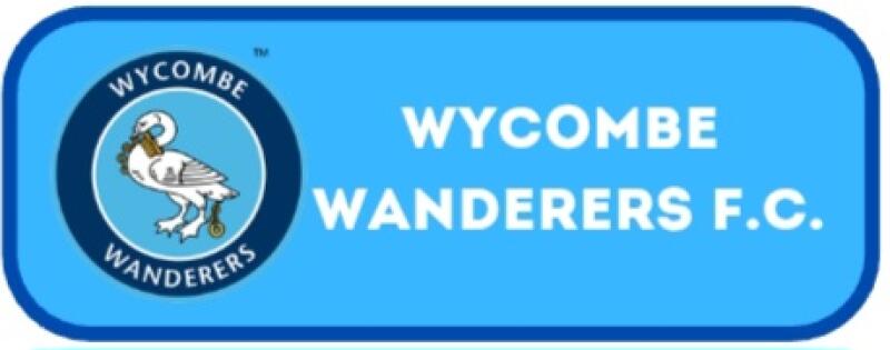 The image is a blue badge with rounded corners that displays the Wycombe Wanderers F.C. logo. The logo includes a swan holding a key in its beak, encircled by the words "Wycombe Wanderers". The text "WYCOMBE WANDERERS F.C." is printed in white on the right side of the badge.
