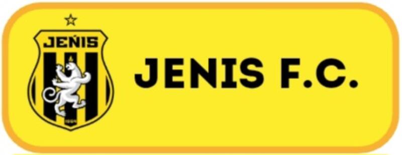 The image features the logo for Jenis F.C. on a yellow background; to the left is the team's crest, which includes a star and a lion, set against black and yellow stripes.