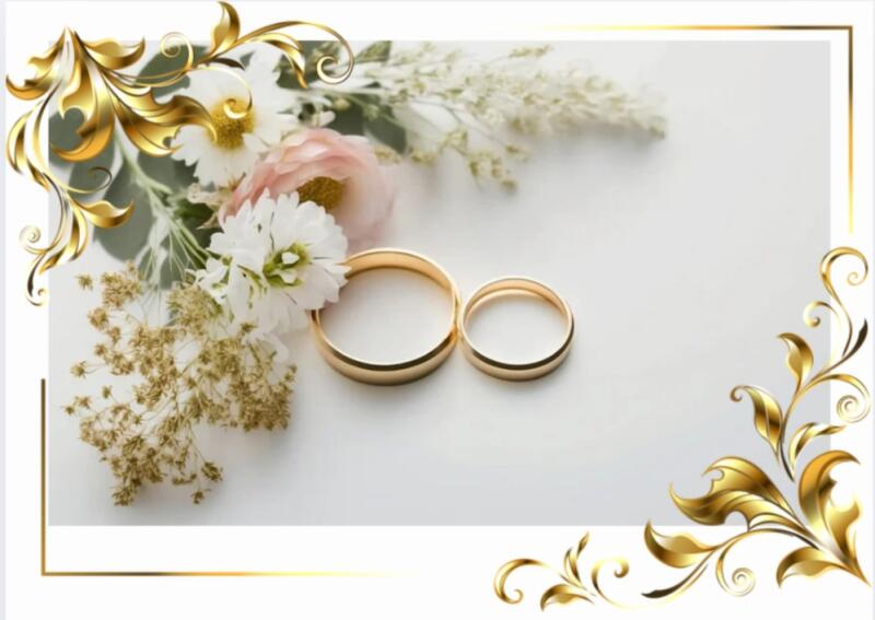 Two gold wedding rings are placed on a white surface, surrounded by flowers and gold decorative elements.