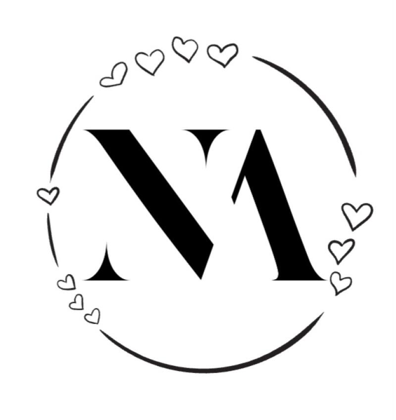 A black letter 'M' is centered within a black, incomplete circular outline, which is decorated with several small, black outline hearts.