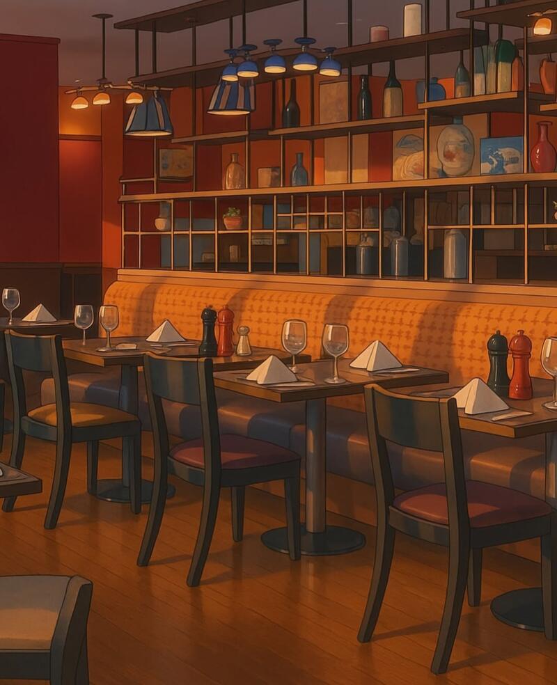 The image depicts a restaurant interior with tables set for dining, featuring glassware, napkins, and condiment sets, under warm lighting and against a backdrop of shelves filled with bottles and decorative items.