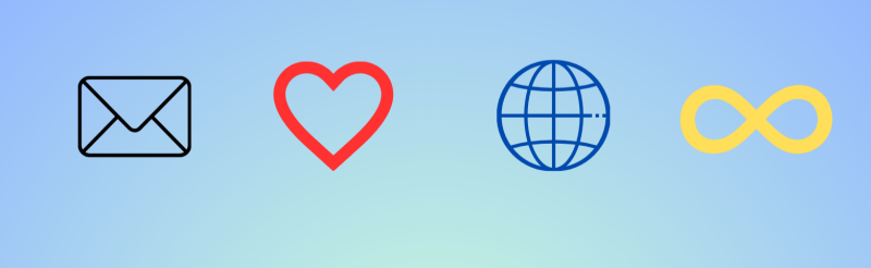 The image shows four icons in a row: an envelope, a heart, a globe, and an infinity symbol, against a gradient blue background.