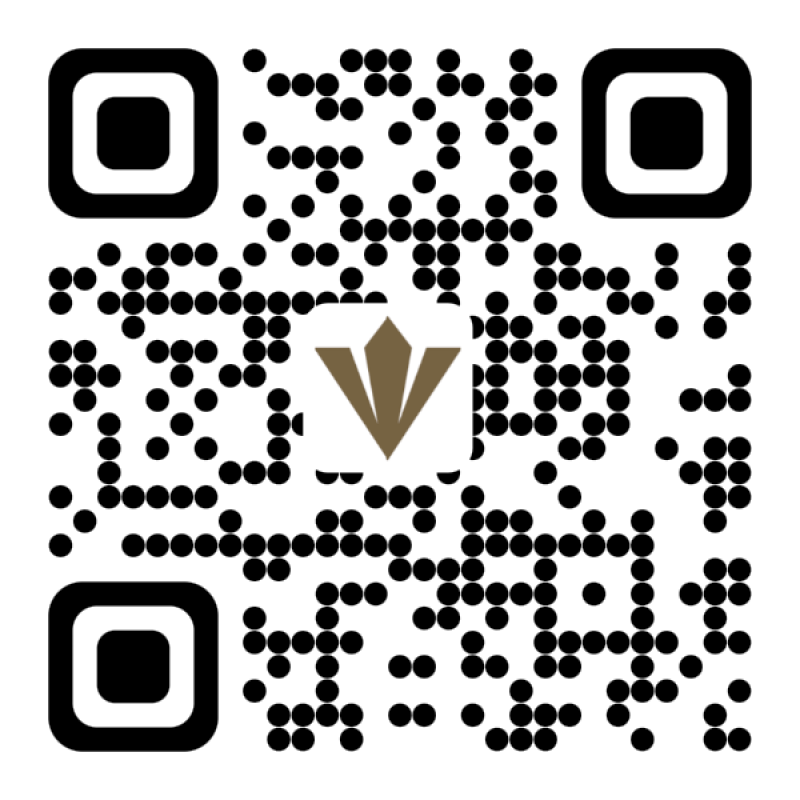 Изображение представляет собой QR-код с логотипом в центре. Логотип - стилизованная коричневатая стрелка, направленная вниз.