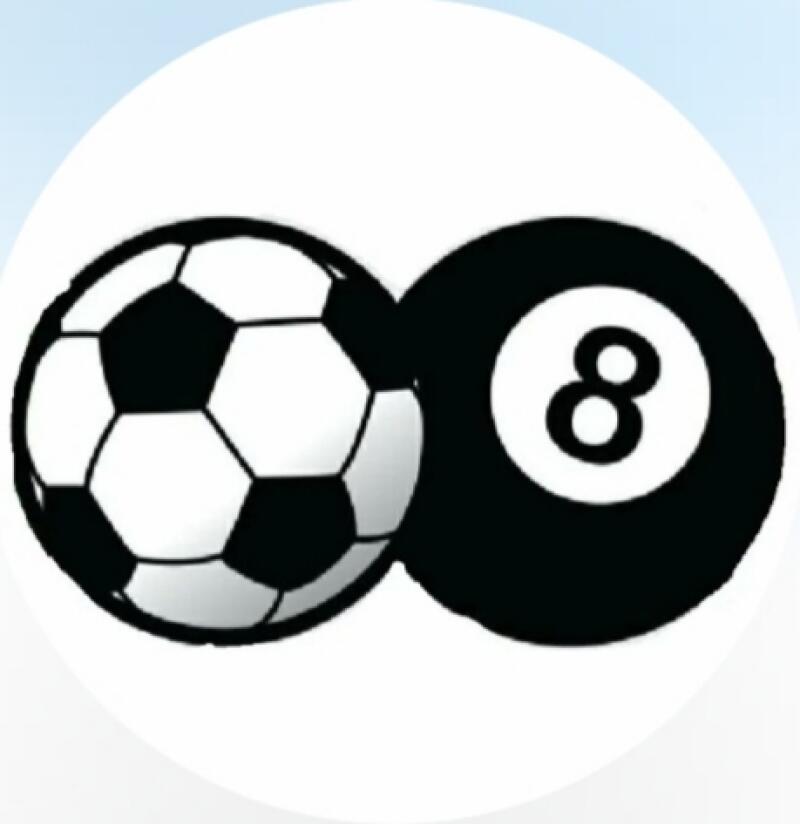 The image features a soccer ball and a black 8-ball inside a white circle.