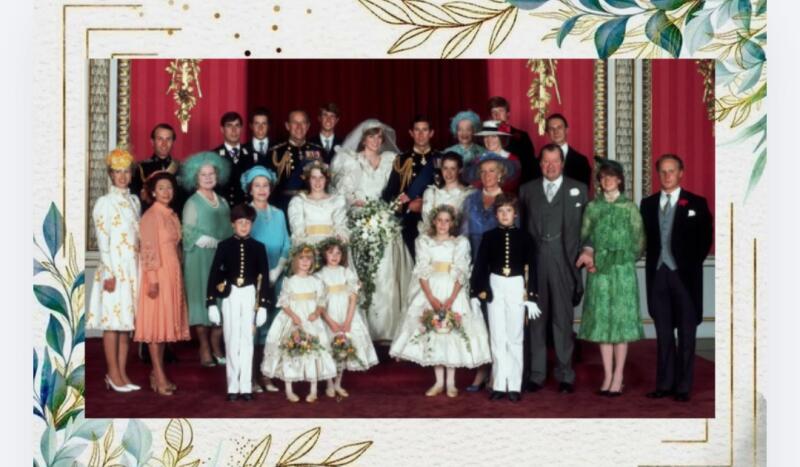 На групповой фотографии принцесса Диана и принц Чарльз с членами свадебной церемонии и семьей на их свадьбе.