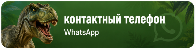 A green banner features a T-Rex on the left, white text "контактный телефон" and "WhatsApp", and a faint WhatsApp logo with leaf patterns in the background.