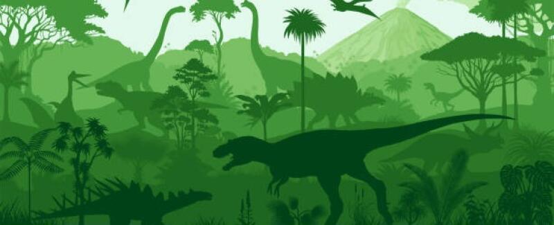 A green, monochromatic illustration depicts a prehistoric landscape filled with various dinosaur silhouettes, including a T-Rex, long-necked dinosaurs, a Stegosaurus, and a Pterodactyl flying, amidst dense jungle vegetation and a background volcano.
