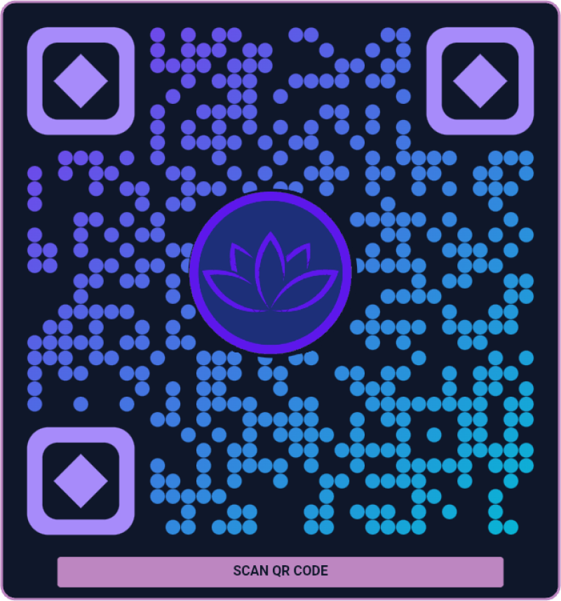 A vibrant QR code with a dark background and blue-purple gradient dots, featuring a purple lotus flower logo in the center and square frames with purple diamonds in the corners. A pink button at the bottom reads "SCAN QR CODE".