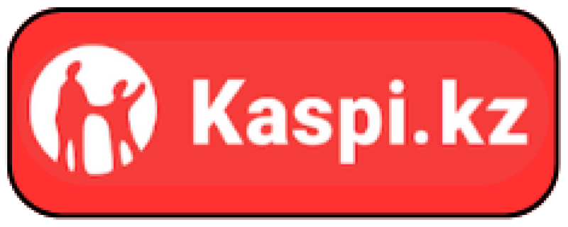 The image is the Kaspi.kz logo, featuring a white silhouette of two people inside a white circle and the text "Kaspi.kz" in white, all set against a red rounded rectangle.